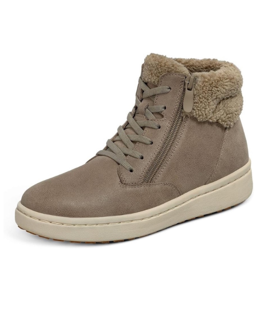 A taupe suede high-top sneaker with a fleece-lined collar and a side zipper.
