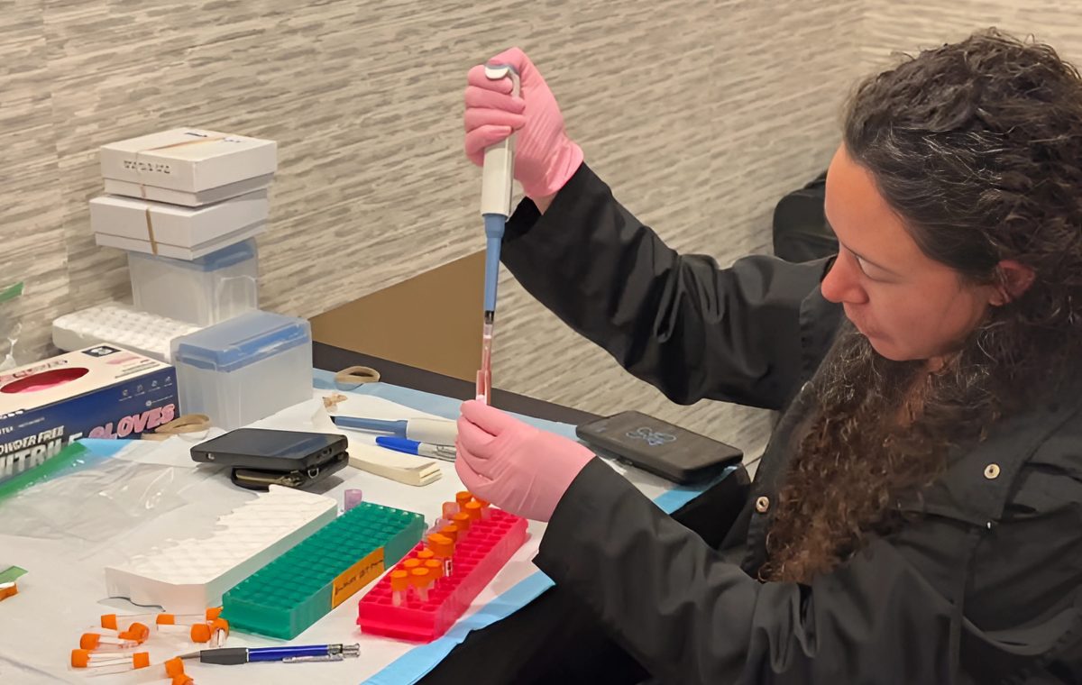 A researcher wearing pink gloves uses a pipette to transfer a sample into a tube at a CMT Biobank collection event, with color-coded sample racks and lab supplies on the table.