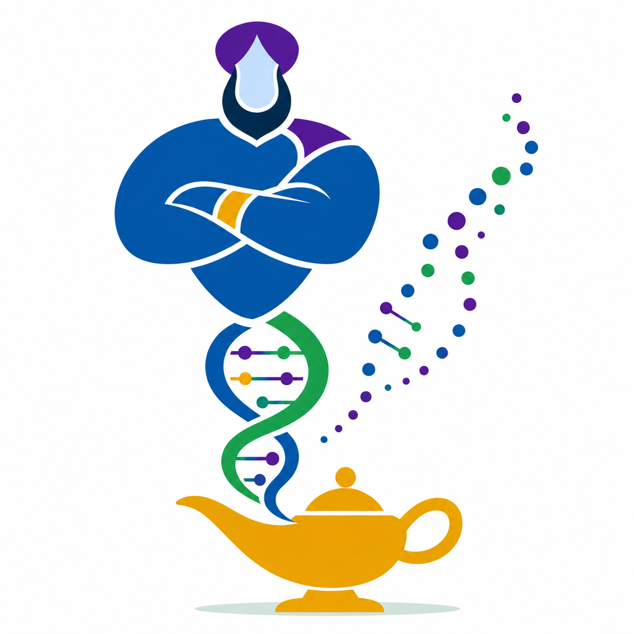 The CMT Genie: a genie rising from a magic lamp entwined with a colorful DNA double helix