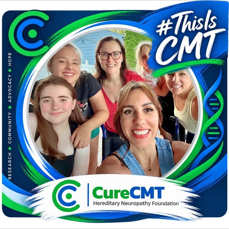 The #ThisIsCMT profile frame around a group selfie: a green and blue border reading Research, Community, Advocacy, Hope, with the CureCMT logo across the bottom.