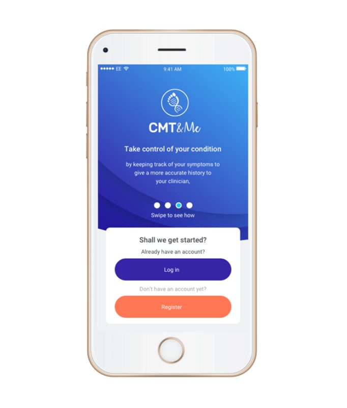 Smartphone showing the CMT&Me app welcome screen with the tagline Take control of your condition and Log in and Register buttons.