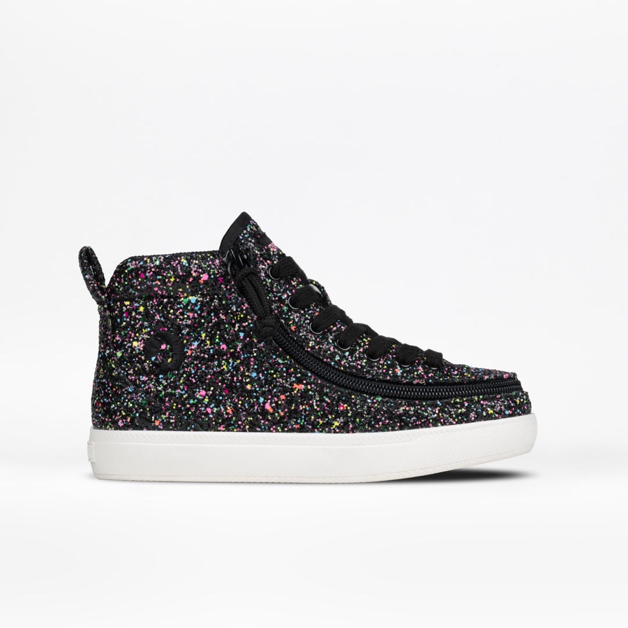 A BILLY Footwear high-top sneaker in black flecked with multicolored speckles, seen from the side. The zipper runs the full length of the shoe and curves around the toe, so the whole upper folds open instead of the foot being pushed through.