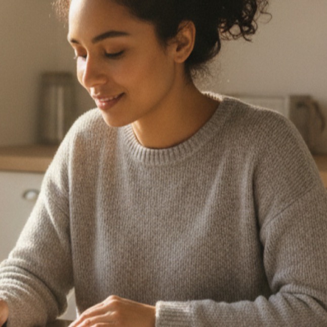 A person reviewing paperwork at a sunlit kitchen table beside a laptop.