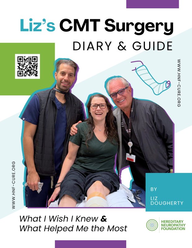 Cover of Liz's CMT Surgery Diary and Guide by Liz Dougherty, showing Liz after surgery with her care team