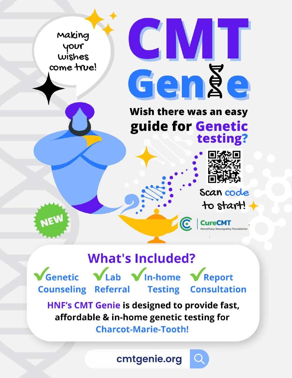Genetic testing and CMT Genie program page from the guide